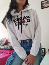 Felpa Maglia Donna Con cappuccio  larga bianca ricamo rosa jennyfer M