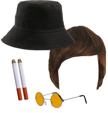 BRITPOP STAR GALLAGHER ANNI 90 COSTUME VESTITO OCCHIALI, PARRUCCA, CAPPELLO MUSICA ANNI 90