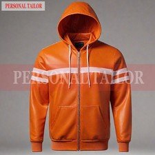 Felpa con cappuccio uomo vera pelle di agnello arancione con righe bianche stile cerniera anteriore
