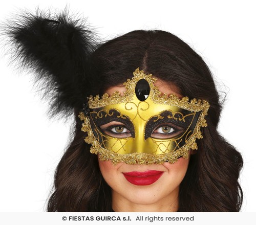 Maschera oro nero piume rigida - maschera,