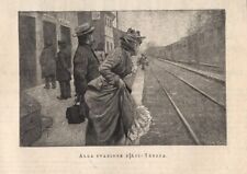 Stampa antica ACI TREZZA viaggiatori alla STAZIONE Catania 1897 Antique print