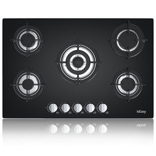 Piano Cottura 5 Fuochi a Gas 75 cm Vetro Nero Fornello da Incasso Vetro Nero