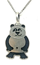 UNOAERRE ORSETTO PANDA VINTAGE  SMALTO NERO E ARGENTO CON CATENINA 925, 42 CM