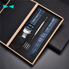 Cinturino orologio in pelle coccodrillo blu fibbia deployante oro 18 20 22 24 mm