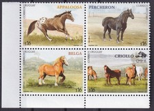Uruguay, set Mi 2928-31, razze di cavalli, Appaloosa, sangue caldo belga, Criollo
