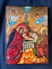 Natività Di Gesù, Birth di Cristo, Ortodosso Legno Dipinto a Mano Icona. Russo