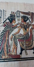 Raro autentico papiro egiziano dipinto a mano: il re Tutankhamon e sua moglie