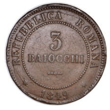 SECONDA REPUBBLICA ROMANA 3 Baiocchi 1849 R Roma 2° tipo