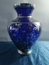Vaso di Murano Vintage Vetro Blu Con Decorazioni In Argento, Alto 36 Cm 