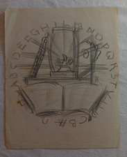 Bellissimo Disegno Altare con fiamma Cartiglio Epoca fascista 26,5x21,5 cm