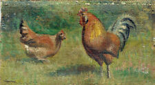 Dipinto Olio Tela Galline Pollaio Chioccia cm. 16,5  x 9