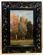 ANTICO DIPINTO G. Corvini PAESAGGIO AUTUNNALE BOSCO CORNICE LEGNO SCOLPITO '800