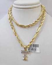 10k Milano Corda Catena T Diamante Alfabeto Charm Collana SET 4mm 18"-28" Ciondolo