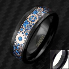 Fede Nuziale Uomo Incisione Tungsteno Oro Rosa Ingranaggi Steampunk Fibra di Carbonio Blu