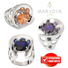 Anello chevalier in argento 925 rodiato con zirconi blu,viola e arancioni