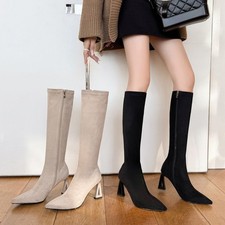 Stivali donna a punta al ginocchio tacco 8,5 cm ecopelle scamosciata cerniera laterale moda