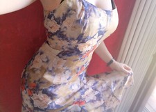 Abito Vestito Donna Estivo Beige Fantasia 46 Seta Fiori Floreale Arancio Blu 