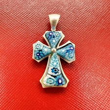 CIONDOLO CROCE VETRO DI MURANO ALAN K. ARGENTO STERLING 925 BLU MILLEFIORI