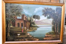 grande Quadro A Olio paesaggio romano metà 800 Su Tela Con Cornice 