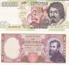 LOTTO 2 BANCONOTE IN LIRE 100.000 CARAVAGGIO SPL/FDS + 10.000 MICHELANGELO 1973