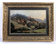 ARTISTA SCONOSCIUTO dipinto ad olio 19. Secolo CASTELLO castello mulino montagne paesaggio antico