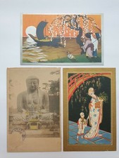 3 CARTOLINE-ILLUSTRATE-VINTAGE-ANTICHE-GIAPPONE-BUDDHA- GHEISHA-COSTUME
