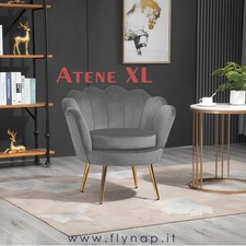Poltrona Imbottita Con Schienale a Conchiglia Atene XL Velluto Grigio Gambe Oro
