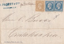 1867 Lettera da Marseille a Civitavecchia con 40 + 20 + 20 c. annullo Ottag+anco