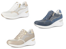 inblu Sneaker Donna in Ecopelle con Traforo Laterale E Brillatini, Zeppa e lacci
