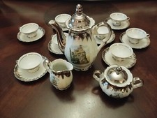 Servizio da caffè In porcellana anni 50/60 con dettagli argento e disegni