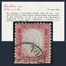 Italia Regno 1862 Matraire cent. 40 rosso non dentellato basso n. 3k Certificato