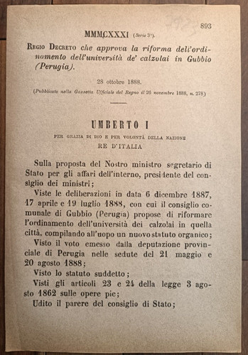 Gubbio 1888 regio decreto x - gubbio,