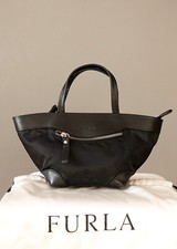 FURLA Borsa Mano Nera Borsetta Trapezio Vera Pelle Stoffa Black Hand Bag Italy