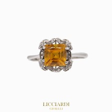 Anello donna fascia oro bianco 18kt con ambra e zirconi