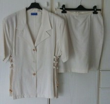 Tailleur completo donna, beige panna, lino, giacca e gonna, tg. 46