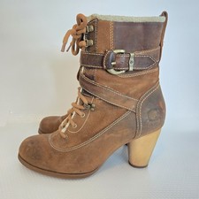 Stivali TIMBERLAND Y2K Earthkeepers pelle marrone tacco legno fibbia pelliccia scarpe 7,5