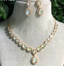 Elegante e elegante set collana in vero polki kundan e zirconi placcato oro ottone puro