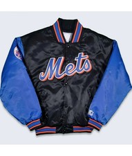 Bomber New York anni 90 Mets nero e blu raso giacca full-snap Varsity SPEDIZIONE GRATUITA