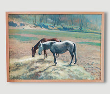 Insegna Dipinto Olio Originale Giacomo Vaccaro Due Cavalli Pascolo Paesaggio Toscana.