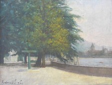 Luigi ANDERWILL (Milano 1878-1962) PASSEGGIATA lungo il LAGO di COMO OLIO 27x35