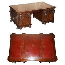 COMPLETAMENTE RESTAURATO THOMAS CHIPPENDALE TESTA DI LEONE INTAGLIATO DOPPIO PIEDISTALLO SCRIVANIA PARTNER