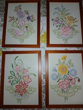 4 Quadri Ricamati A Mano Su Lino Tema 4 Stagioni