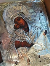 Icona russa antica Madre di Dio riza in argento punzone Ikone Icon XVIII° Secolo