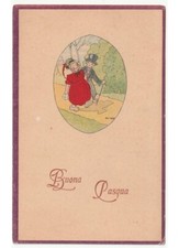 Annie Tekauz Buona Pasqua cartolina augurale d'epoca bambini abiti eleganti