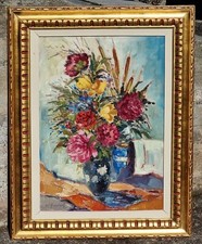 Leo Remigante ( Saluzzo CN 1931 - 1999 ).  Fiori in vaso  1970, olio su masonite