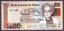 Banconota lire malta - 20, 1984