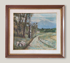 Antico dipinto olio originale 1937 firmato, scena pastorale italiana, pascolo pecore
