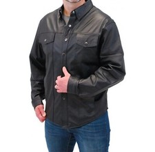 Camicia uomo 100% vera pelle nera morbida pelle di agnello maniche lunghe bot...