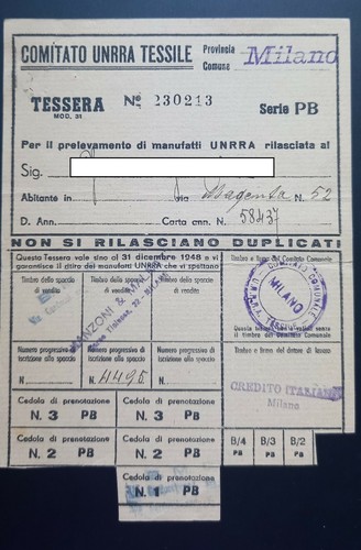 Tessera comitato unrra tessile - tessera,