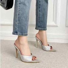 Sandali Sabot Ciabatte Tacco Alto 12 cm Argento Lucido Pelle Sintetica 48788